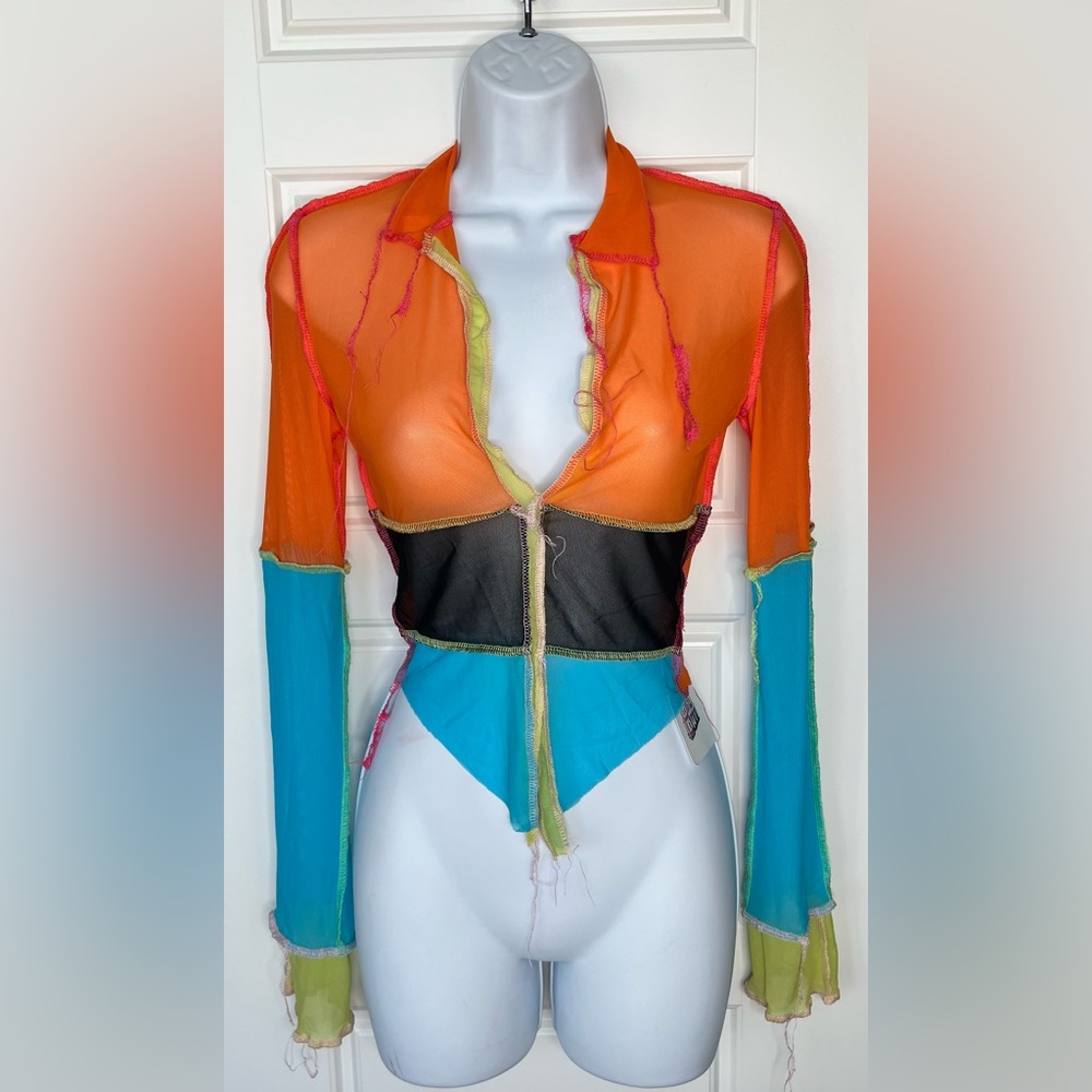 Color block mesh crop top